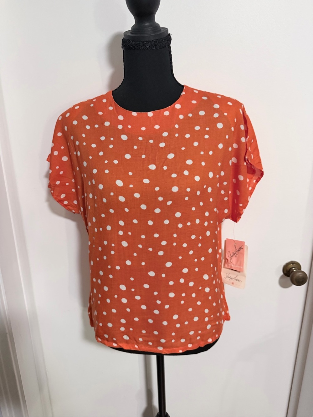 Jaclyn Smith Orange White Polka Dot Short Sleeve Blouse